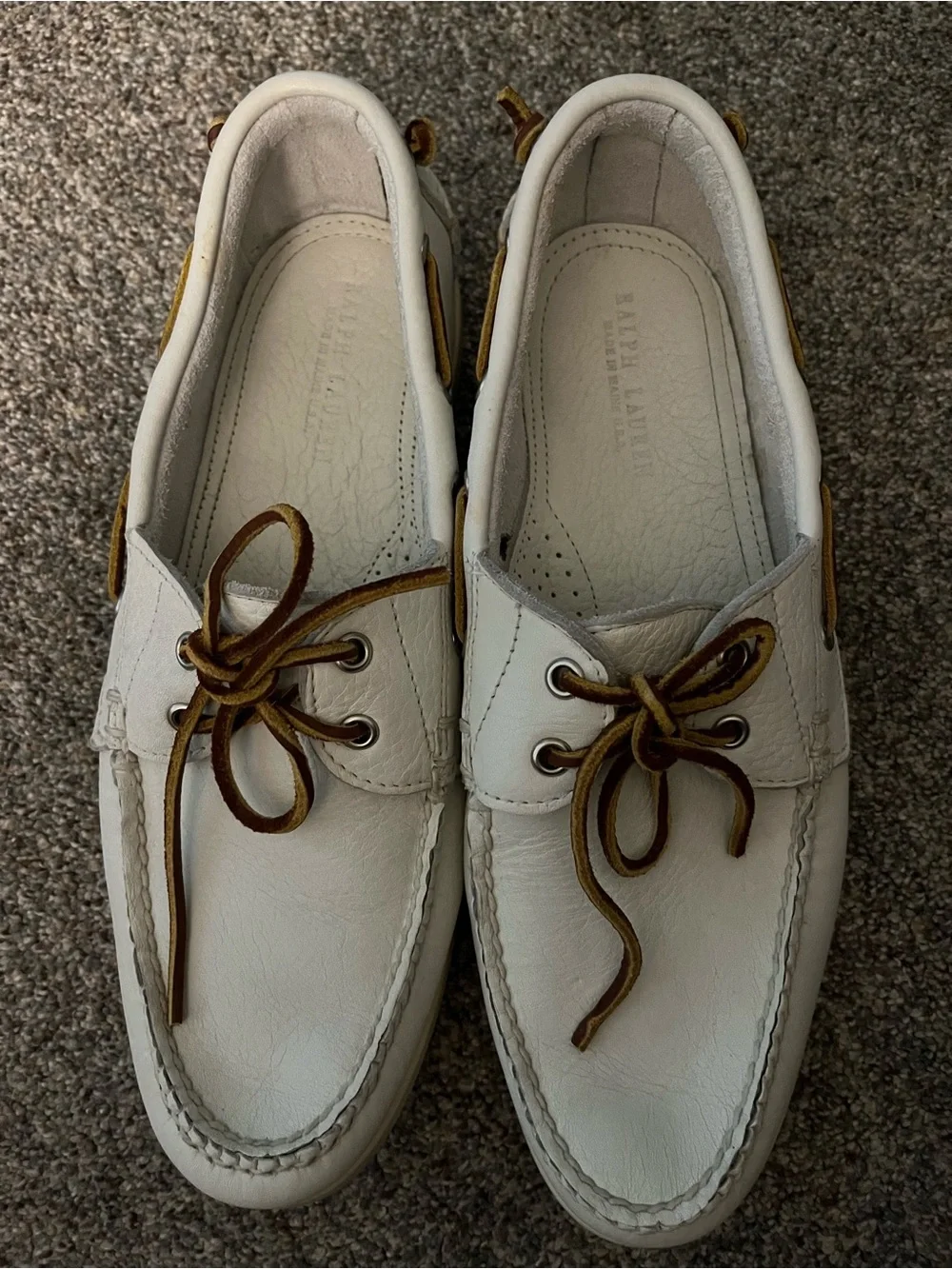 Ralph Lauren White Leather Boat Shoes with Brown Laces